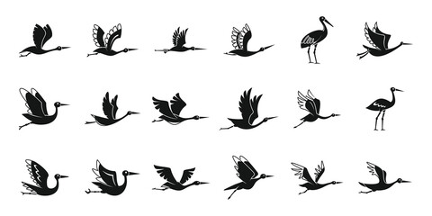 Stork bird icons set simple vector. Bird fly