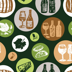 Vector green wine bar pen sketch doodle in circles seamless background pattern with bread and cheese. Suitable for textile, gift wrap and wallpaper.