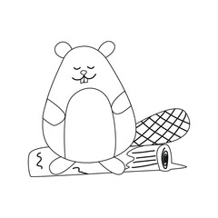 Cute beaver is sitting on a log. A beaver drawn with a contour, an icon. Vector linear illustration - obrazy, fototapety, plakaty