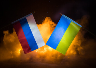 Concept of crisis of war and political conflicts between countries. Russia and Ukraine small flags...