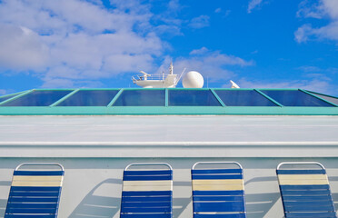 Terrace or patio or balcony on outdoor deck of luxury  cruiseship or cruise ship liner with wooden...