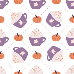 Geometric Autumn Pumpkins and Coffee Seamless Pattern Background