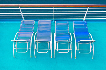 Terrace or patio or balcony on outdoor deck of luxury  cruiseship or cruise ship liner with wooden...