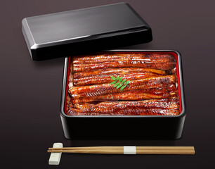 うなぎ イラスト リアル 鰻重 うな重 黒背景 セット