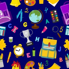 A colorful pattern on a school theme with school supplies. Vector illustration