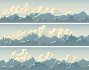 Set of vector horizontal simple banners with clouds and snowy mountain range glistens in the sun.