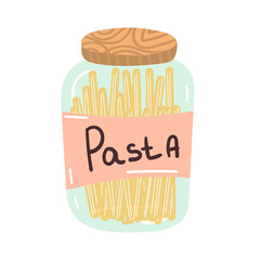 Pasta in a glass jar.Italian healthy food. The layout template. Culinary background. Vector cover. Natural organic food. Healthy food.