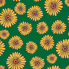 Fototapeta na wymiar Natural seamless pattern with random yellow contoured sunflower elements. Green background.