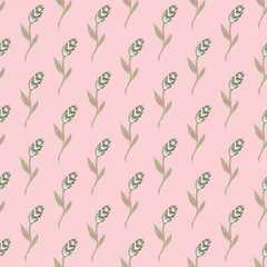 Decorative seamless nature pattern with simple little ear of wheat elements. Pastel pink background.
