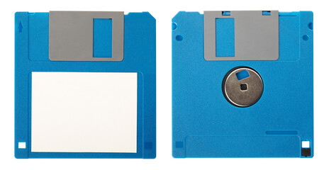 Blue floppy disk front and back with blank label isolated on white background, clipping path - 444303349