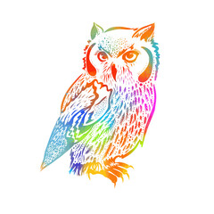 original artwork of owl, ink hand drawing in ethnic style, vector illustration in Multicolored . Mixed media. Vector illustration