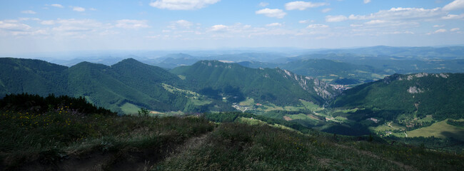 Fototapeta na wymiar Panoramic view of Malá Fatra and Terchova village from Chleb mountain, Slovakia