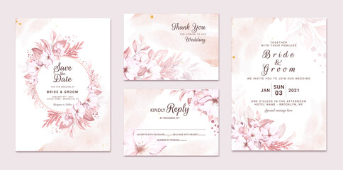 Fototapeta na wymiar set of wedding invitation card with beautiful soft creamy flowers and leaves
