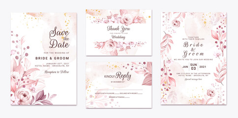 set of wedding invitation card with beautiful soft creamy flowers and leaves