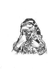 drawing in black liner - an image of a gypsy woman with rings in a scarf