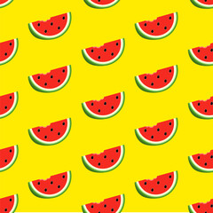 Seamless pattern with red half watermelon on yellow background.