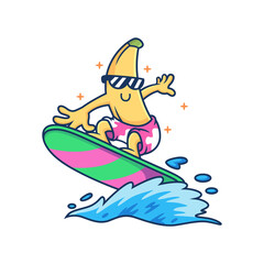 Coll Banana Playing Surfing. Fruit Vector Icon Illustration, Isolated on Premium Vector