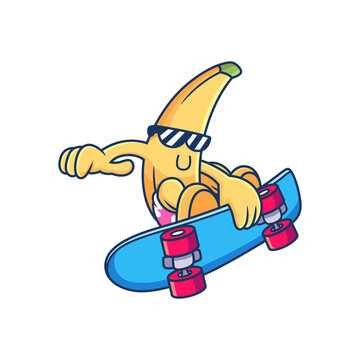 Cool Banana Playing Skateboard. Fruit Vector Icon Illustration, Isolated on Premium Vector