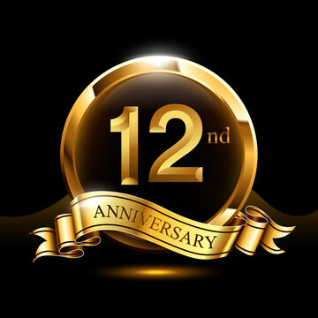 12 years golden anniversary logo celebration with ring and ribbon.