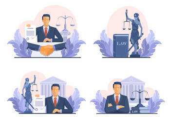 Legal services and services of a lawyer for business. Contracts and transactions, law and court. lady Justice, Themis Holding Justice Scale. Set of vector illustrations isolated on white background.