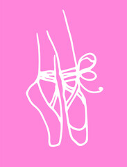 Vector illustration of a white line of a ballerina's feet in pointe shoes with a bow drawn in the doodle style on a pink background for a design template for labels, signs, packaging and postcards