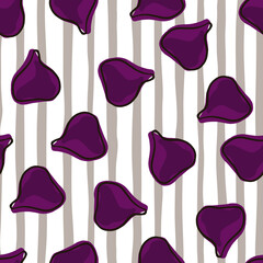 Fototapeta premium Exotic fruit seamless pattern with random purple fig ornament. Striped white background.