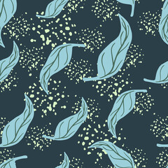 Natural random blue leaf tangerine seamless pattern in doodle style. Navy blue background with splashes.