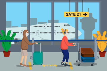 illustration vektor graphic off people use mask and maintence social distancing in airport to safe flights during corona virus, safe travel during covid-19