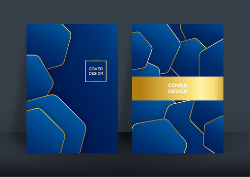 Set of blue gold A4 cover brochure design templates on the subject of business and presentation. Vector illustrations for flyer layout, marketing material, annual report cover, presentation template.