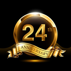 24 years golden anniversary logo celebration with ring and ribbon.
