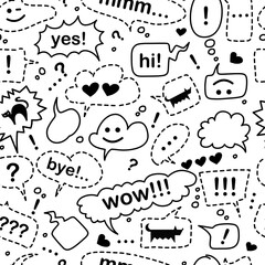 Seamless pattern with speech bubbles and dialog words: hi, yes, bye, wow, mmm. The pattern includes an exclamation mark, a question mark, a heart, a cat and a dog. Doodle style on a white background. 