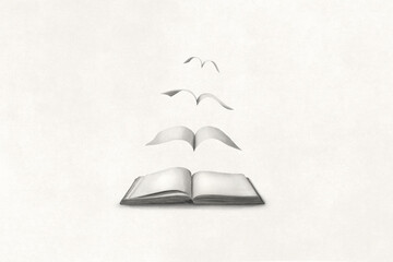 illustration of pages flying out of a book, surreal philosophy concept - obrazy, fototapety, plakaty