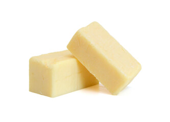 Cubes of cheddar cheese isolated on white 