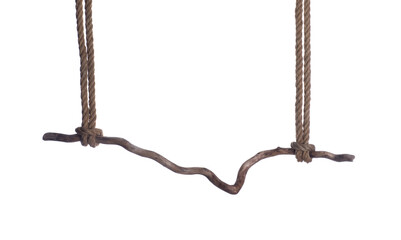 old wood stick hang on rope on isolated white background