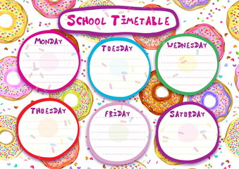 Template school timetable,  tasty, sweet donuts design.
