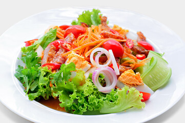Fried Pork Salad with Herbs and Boiled Eggs