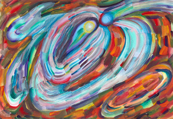 Abstract textured painting, gouache and acrylic, artist's bright multicolor brush strokes