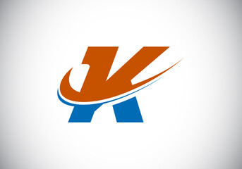 Initial letter K with swoosh, red and blue logo template. Modern vector logotype for business and company identity.