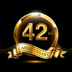 42 years golden anniversary logo celebration with ring and ribbon. - obrazy, fototapety, plakaty