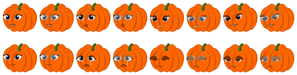 Attractive  icon set of vegetable emoji set of pumpkin. This set can use as a Halloween emoji set. this  presents happy, sad, angry, sleepy, odd, surprise, cry, smile facial expressions.