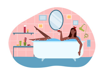 Young female character is enjoing time spent in bath with a drink