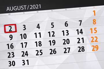 Calendar planner for the month august 2021, deadline day, 2, monday