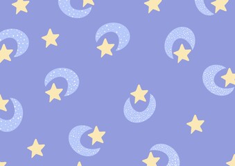 Illustration of the moon with stars on a gentle purple background. Children's illustration.