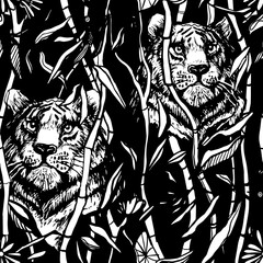 Tiger and lion seamless pattern. Exotic jungle black background with drawn tropical bamboo leaves and trees. Black line art vector illustration. Trendy tigers and lions print