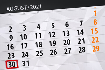 Obraz premium Calendar planner for the month august 2021, deadline day, 30, monday