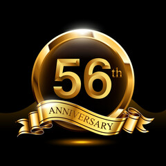 56 years golden anniversary logo celebration with ring and ribbon.