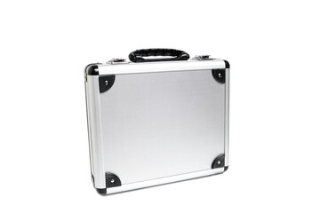 Metal aluminum briefcase on a white background.