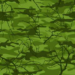 Seamless camouflage, hunting, with tree branches on a dark background. Protective print. Vector.