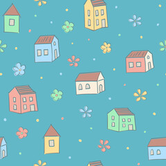 Fototapeta na wymiar House seamless pattern. Childrens cartoon background. Cute bright colored print. Pastel palette.