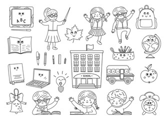 Back to school black and white kawaii vector set of elements. Educational clipart collection with cute line smiling objects.  Funny outline teacher and pupils illustration for kids..